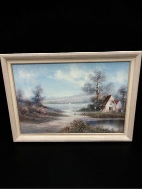Vintage 1969 Robertson Original Framed Oil Painting Cottage Farm Scene 41”x29”